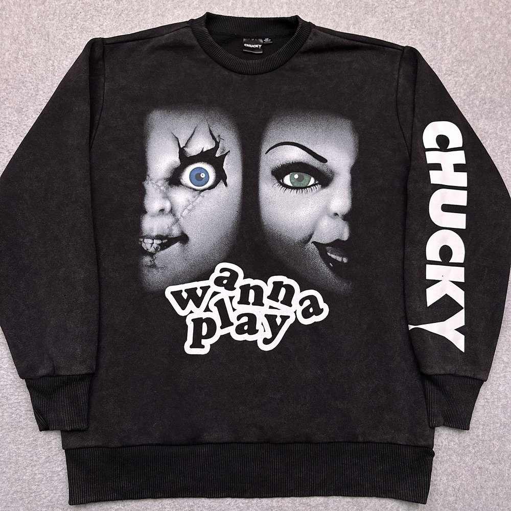 Chucky Bride Of Chucky Wanna Play Sweatshirt Men's Small Oversized‎ Halloween